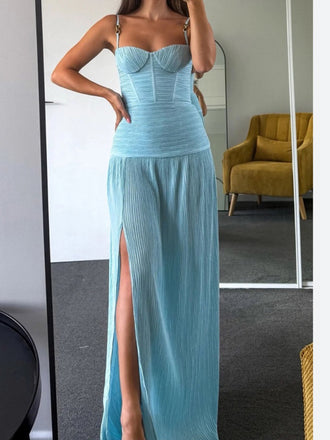 Unique Spaghetti Straps Blue Long Evening Prom Dresses Side Slit, MR0241