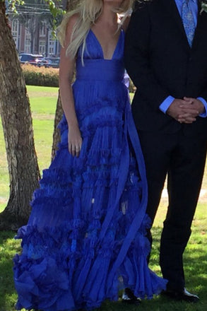 Formal A-line Royal Blue V-neck Long Evening Prom Dresses, MR0242