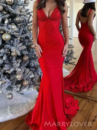 Morden Red V-neck Beaded Long Evening Prom Dresses, MR0243
