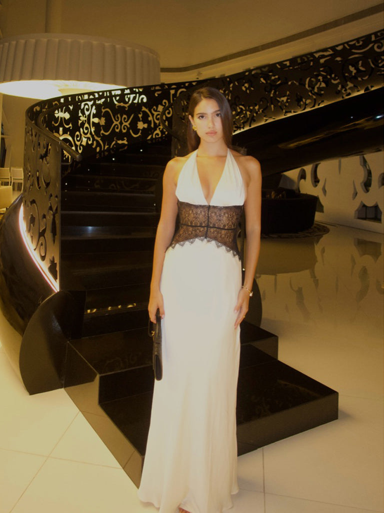 Sexy Backless White Black Lace Long Evening Prom Dresses, Deep V-neck Prom Dress, MR0244