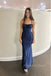 Navy Blue Jersey Mermaid Spaghetti Straps Long Evening Prom Dresses, MR0247