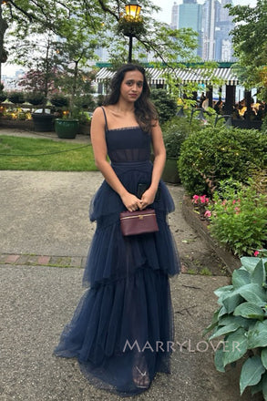 Floor-length Navy Blue Tulle A-line Long Evening Prom Dresses, Spaghetti Straps Prom Dress, MR0248