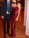 Simple Strapless Burgundy Satin Mermaid Long Evening Prom Dresses, MR0252