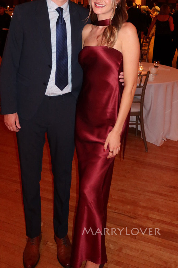 Simple Strapless Burgundy Satin Mermaid Long Evening Prom Dresses, MR0252