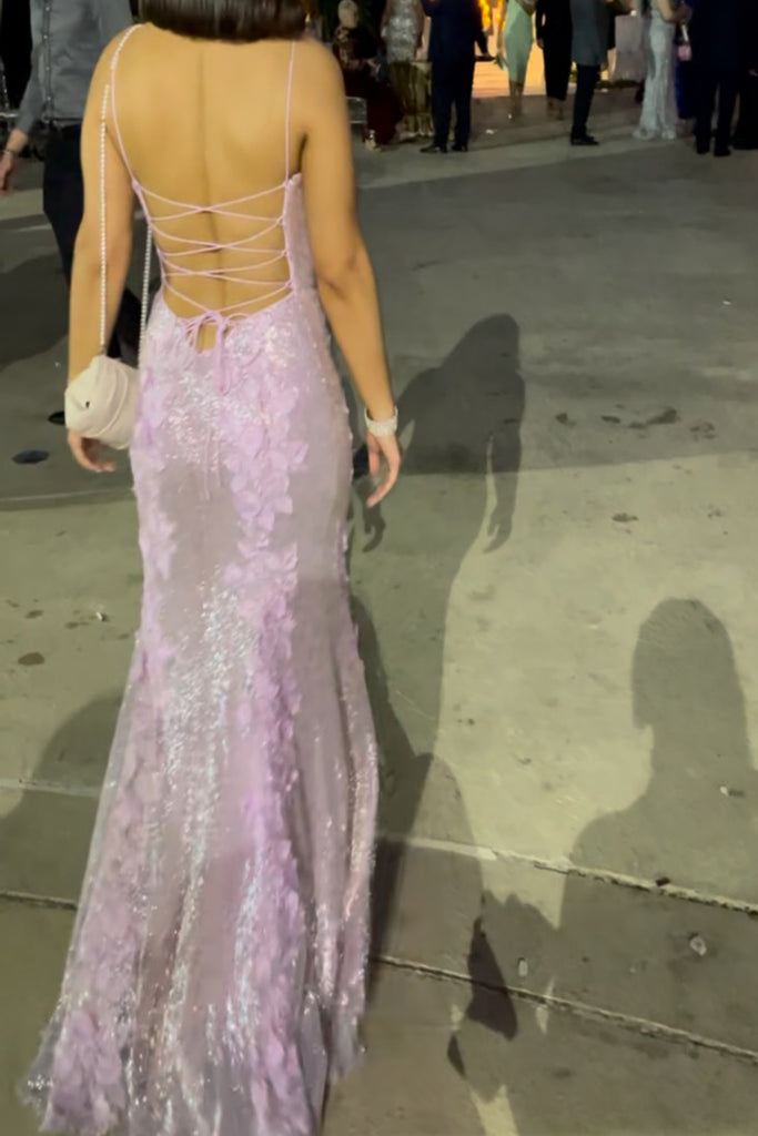 Beautiful Pink Squins Appliques Mermaid Long Evening Prom Dresses, Spaghetti Straps Prom Dress, MR0254