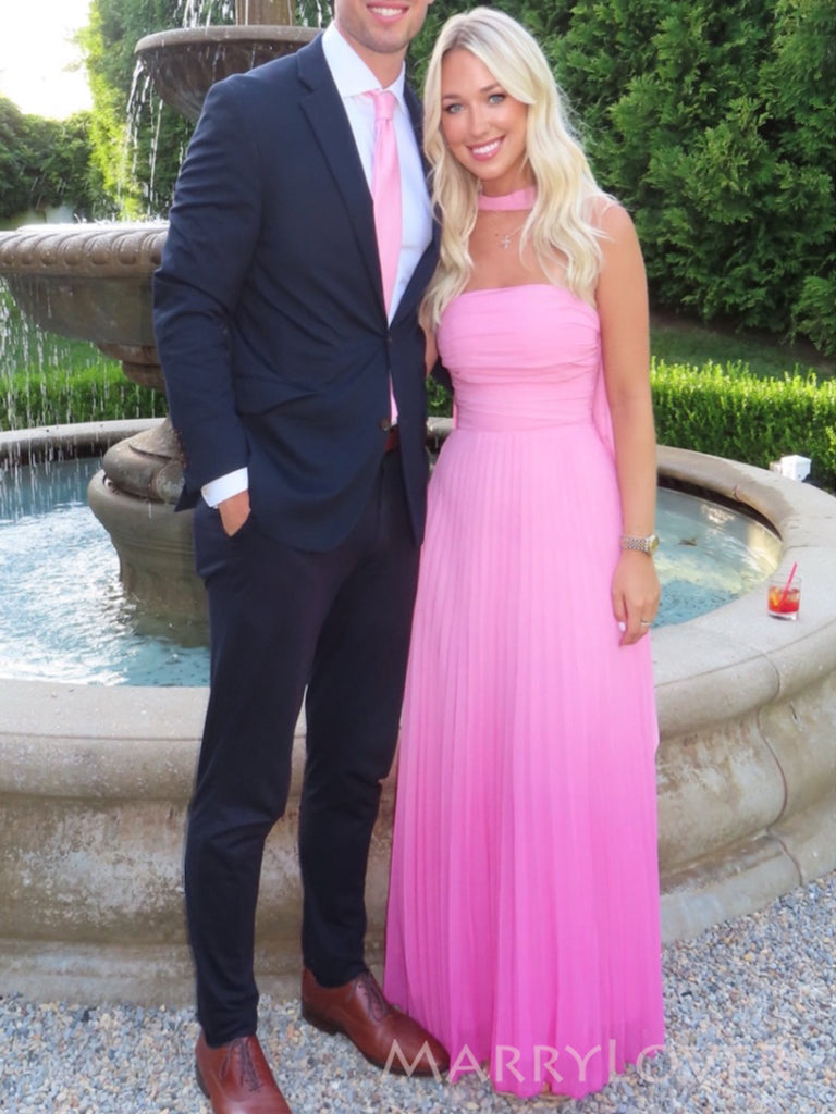 Unique Pink Chiffon Strapless A-line Long Evening Prom Dresses, MR0255