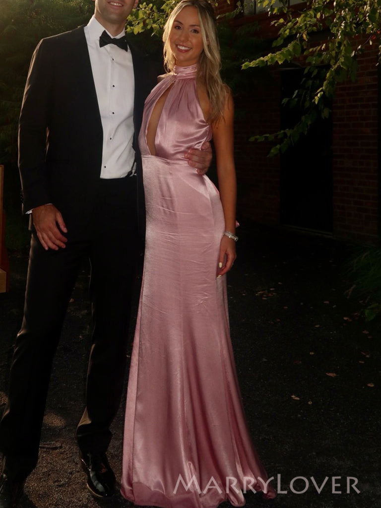 Halter Pink Silk Mermaid  Long Evening Prom Dresses, MR0256