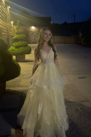 Floor-length Light Yellow Tulle Appliques Long Evening Prom Dresses, A-line V-neck Prom Dress, MR0276