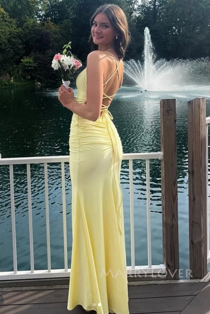 Spaghetti Straps Yellow Mermaid V-neck Long Evening Prom Dresses, MR0295