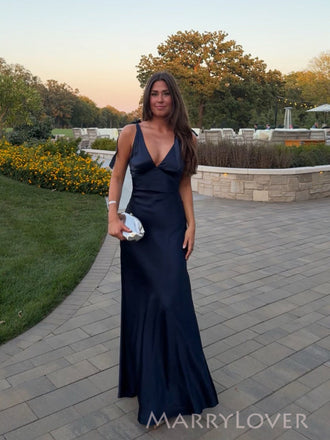 V-neck Navy Blue Satin Mermaid Long Evening Prom Dresses, MR0296