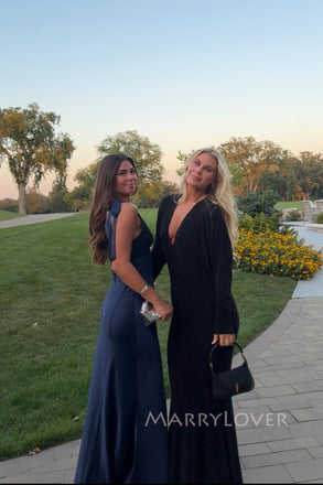 V-neck Navy Blue Satin Mermaid Long Evening Prom Dresses, MR0296