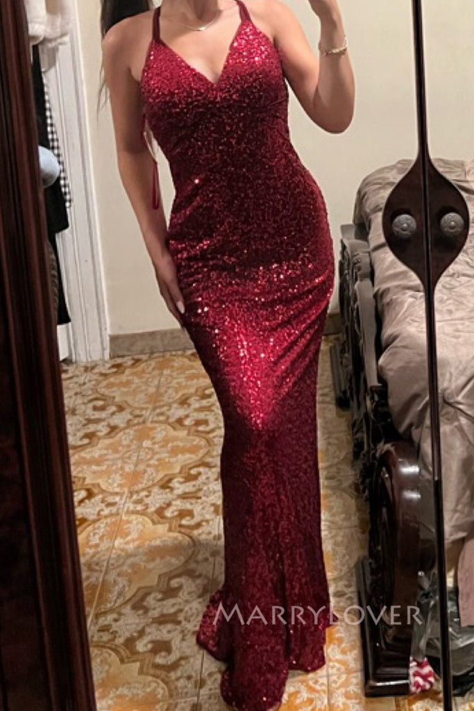 Red Sequins V-neck Long Evening Prom Dresses, Mermaid Backless Prom Dress, MR0300