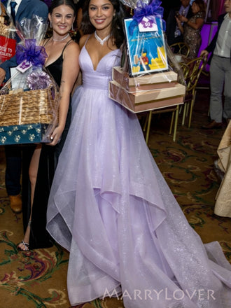 Gorgeous Purple Sparkly A-line Long Evening Prom Dresses, V-neck Prom Dress, MR0301