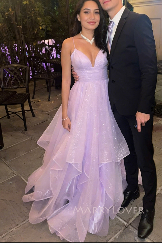 Gorgeous Purple Sparkly A-line Long Evening Prom Dresses, V-neck Prom Dress, MR0301