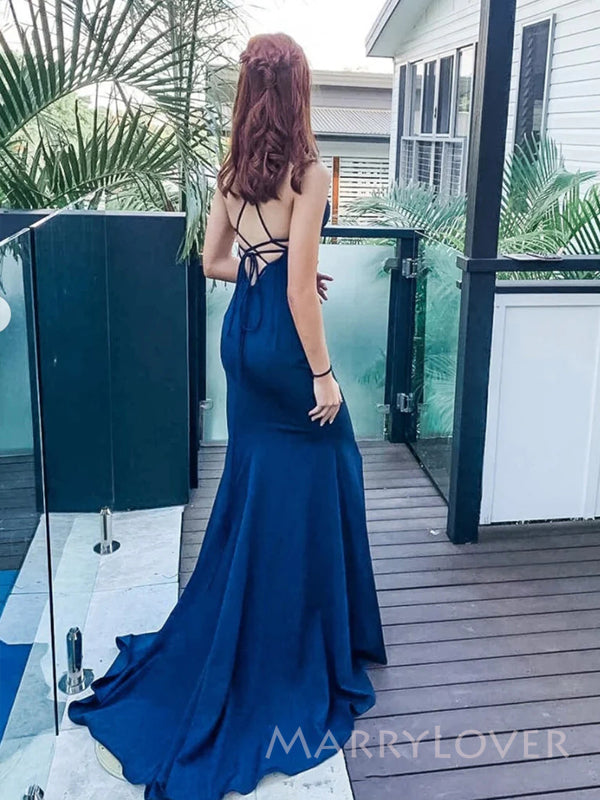 Navy Blue V-neck Mermaid Long Evening Prom Dresses, Custom Spaghetti Straps Prom Dress, MR8812