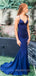 Navy Blue V-neck Mermaid Long Evening Prom Dresses, Custom Spaghetti Straps Prom Dress, MR8812