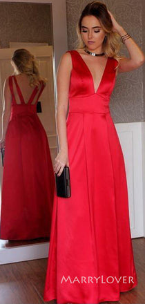A-line Red Satin Long Evening Prom Dresses, Custom Deep V-neck Prom Dress, MR8819