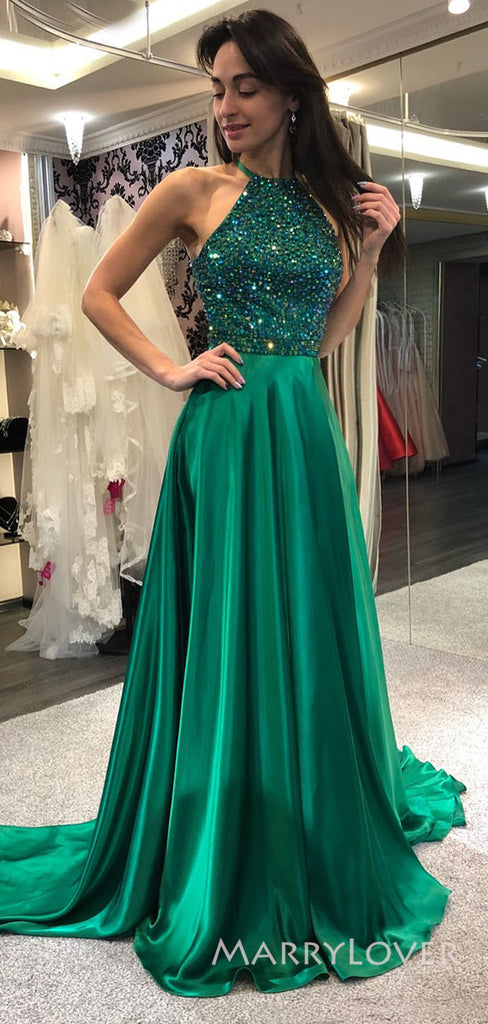 Halter A-line Emerald Satin Beaded Long Evening Prom Dresses, Custom Sparkly Prom Dress, MR8836