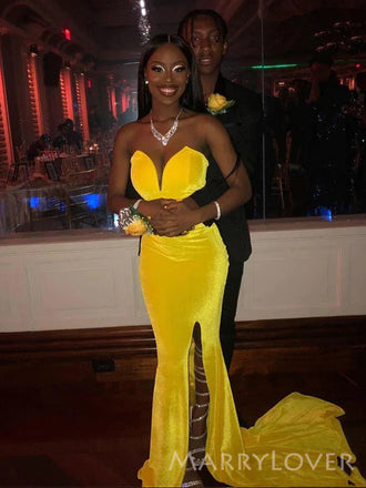 Sweetheart Yellow Velvet Mermaid Long Evening Prom Dresses, Cheap Strapless Custom Prom Dress, MR8849