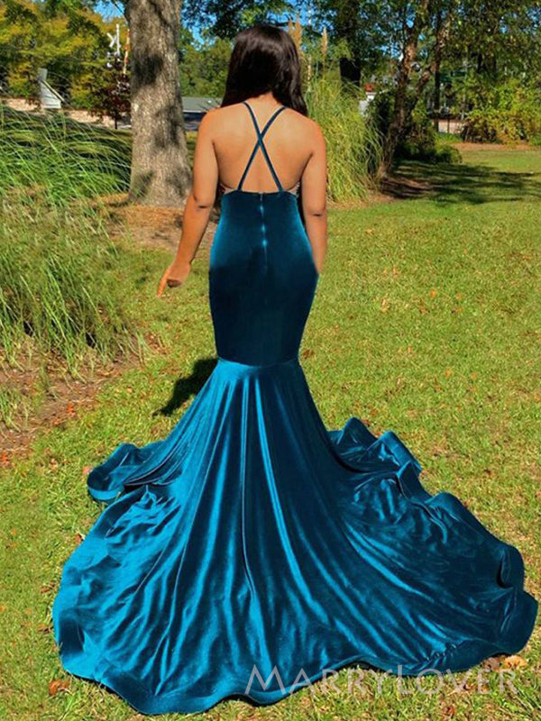 Deep V-neck Blue Velvet Appliques Mermaid Long Evening Prom Dresses, Cheap Prom Dress, MR8856