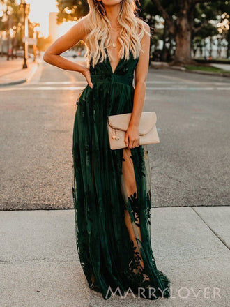 Dark Green Tulle A-line Long Evening Prom Dresses, Cheap V-neck Prom Dress, MR8860