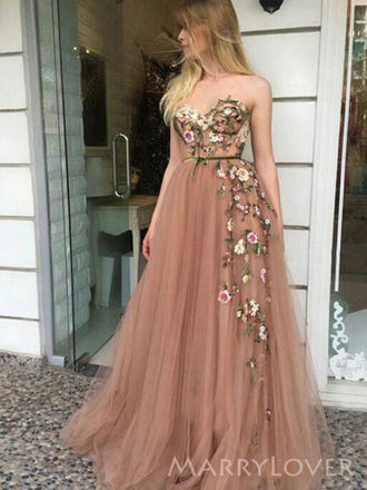 Strapless Tulle Appliques Long Evening Prom Dresses, Cheap Sweetheart Prom Dress, MR8862