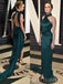 Halter Dark Green Satin Mermaid Long Evening Prom Dresses, Side Slit Custom Prom Dress, MR8863