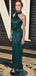 Halter Dark Green Satin Mermaid Long Evening Prom Dresses, Side Slit Custom Prom Dress, MR8863