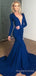 Deep V-neck Mermaid Long Sleeves Blue Long Evening Prom Dresses, Backless Custom Prom Dress, MR8874