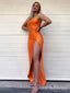 Strapless Orange Satin Mermaid Long Evening Prom Dresses, Side Slit Prom Dress MR8882
