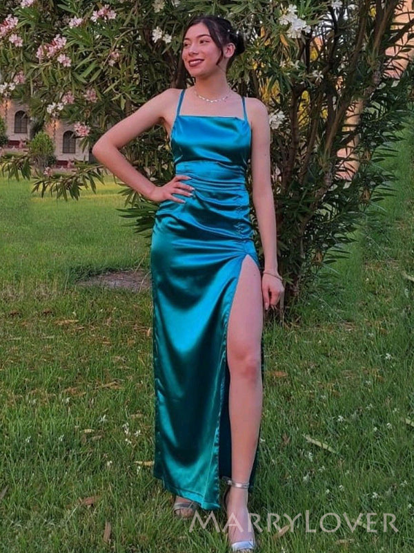 Simple Satin Spaghetti Straps Mermaid Side Slit Long Evening Prom Dresses, MR8884