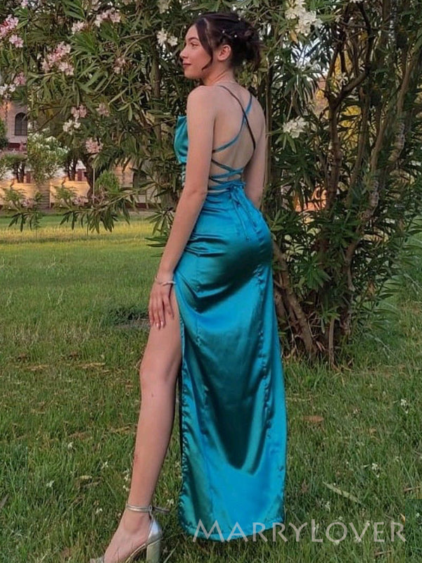 Simple Satin Spaghetti Straps Mermaid Side Slit Long Evening Prom Dresses, MR8884