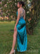 Simple Satin Spaghetti Straps Mermaid Side Slit Long Evening Prom Dresses, MR8884