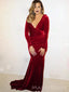 Mermaid Deep V-neck Dark Red Velvet Long Sleeves Long Evening Prom Dresses, MR8891