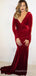 Mermaid Deep V-neck Dark Red Velvet Long Sleeves Long Evening Prom Dresses, MR8891