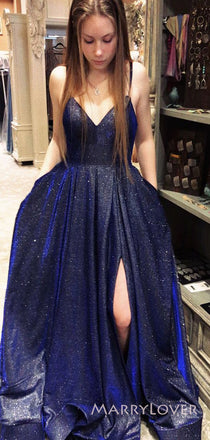 Sparkly Navy Blue A-line Long Evening Prom Dresses, Spaghetti Straps Prom Dress, MR8902