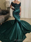 Off Shoulder Dark Green Satin Appliques Long Evening Prom Dresses, Mermaid Prom Dress, MR8903