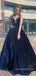 A-line Navy Blue Velvet Long Evening Prom Dresses, Spaghetti Straps V-neck Prom Dress, MR8924