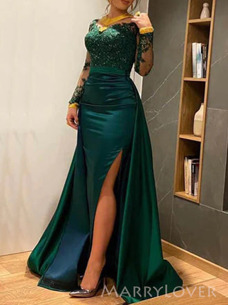 Long Sleeves Mermaid Side Slit Long Evening Prom Dresses, Emerald Green Satin Prom Dress, MR8926