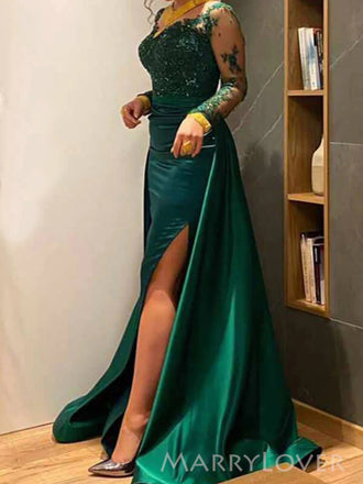 Long Sleeves Mermaid Side Slit Long Evening Prom Dresses, Emerald Green Satin Prom Dress, MR8926
