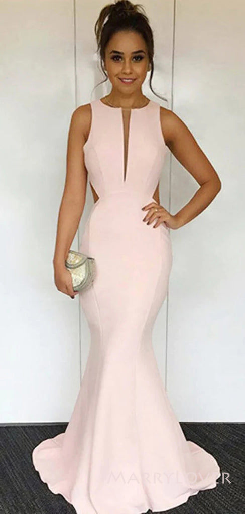 Mermaid Pink Backless Long Evening Prom Dresses, Cheap Custom Prom Dress, MR8928