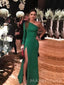 Long Sleeves Mermaid Side Slit Long Evening Prom Dresses, Emerald Green Satin Prom Dress, MR8933