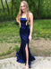 Mermaid Blue Satin Side Slit Long Evening Prom Dresses, Strapless Prom Dress, MR8951