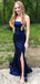 Mermaid Blue Satin Side Slit Long Evening Prom Dresses, Strapless Prom Dress, MR8951