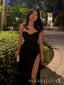 High Slit Black Satin Mermaid Spaghetti Straps Long Evening Prom Dresses, Sweetheart Prom Dress, MR8956