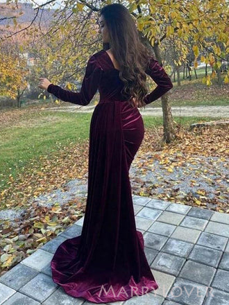 Mermaid Velvet Long Sleeves Long Evening Prom Dresses, Side Slit Prom Dress, MR8957