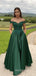 Off Shoulder Green Satin Appliques A-line Long Evening Prom Dresses, MR8965