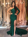 Long Sleeves Dark Green Satin Mermaid Long Evening Prom Dresses, Side Slit Prom Dress, MR8966