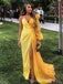 One Shoulder Yellow Long Sleeves Long Evening Prom Dresses, V-neck Prom Dress, MR8982