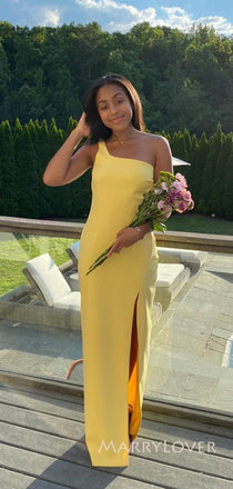 Simple One Shoulder Yellow Mermaid Long Evening Prom Dresses, Side Slit Custom Prom Dress, MR8985